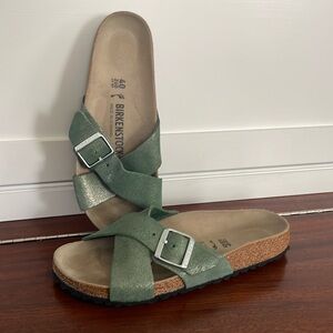 Birkenstock Women's Metallic Sage Green Crisscross Buckle Sandals